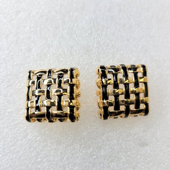 Braided Black and Gold Square Earrings - Picture 3 of 7